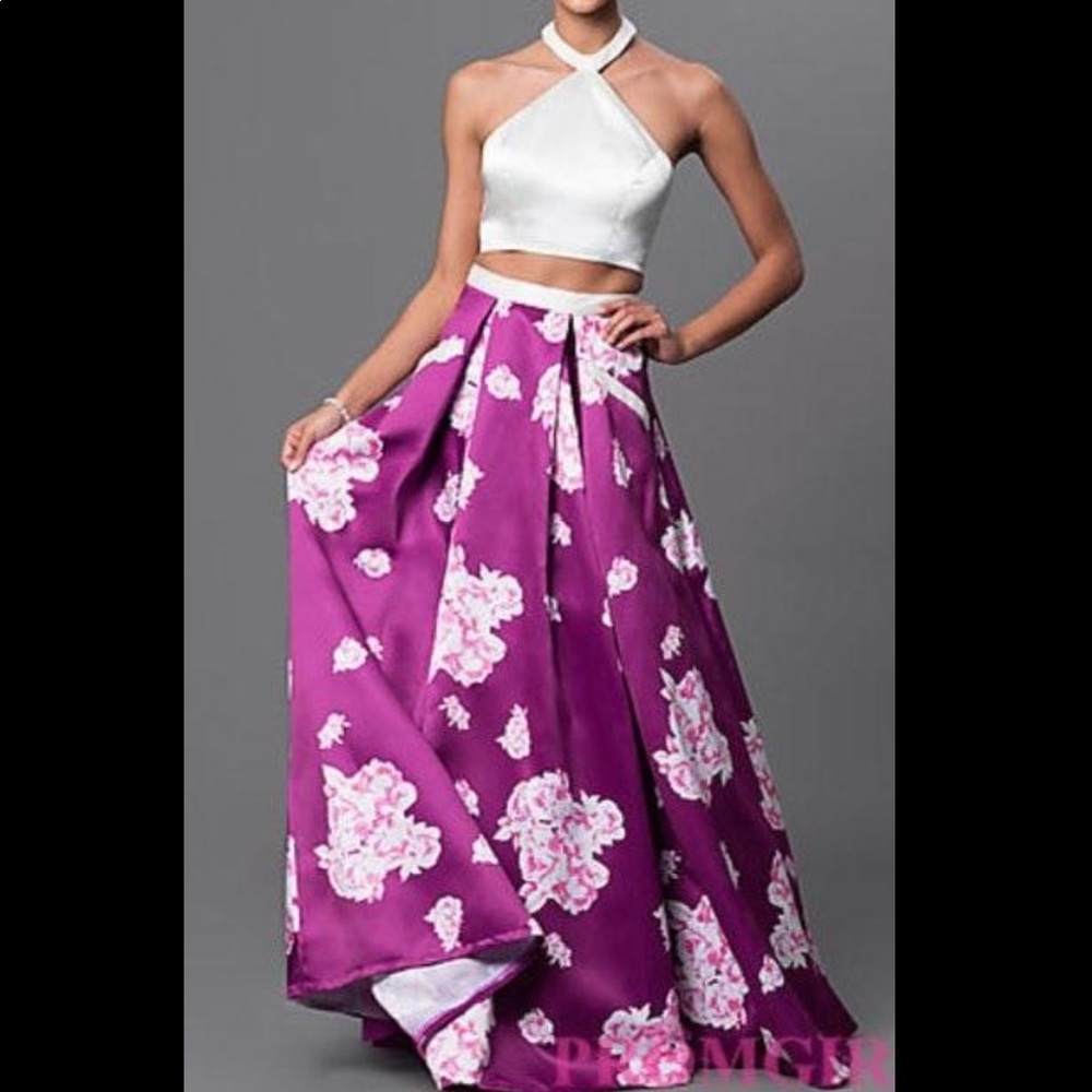 White and purple floral two piece prom dress